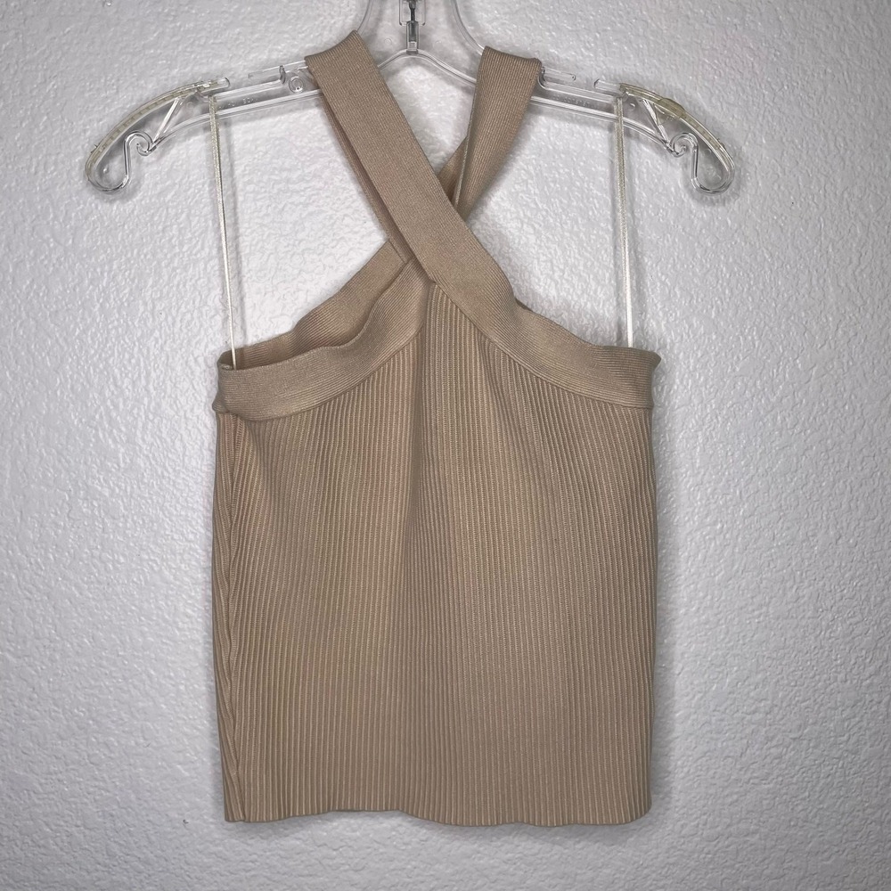 House of Harlow 1960 Tan Ribbed Knit Cross Front Halter Top Large